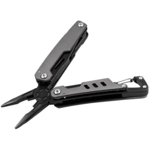 A black multi-tool with pliers and various additional tools, featuring a compact design. It includes a keyring attachment.