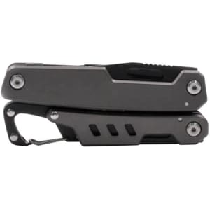 A grey multi-tool featuring a carabiner clip and various tool components, with a logo present.