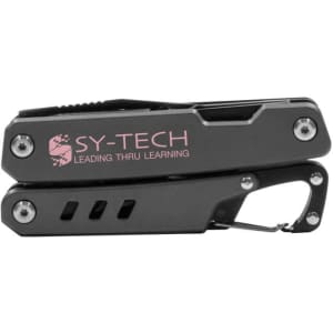 A black multi-tool with a carabiner clip, featuring various tools and a logo on the side.