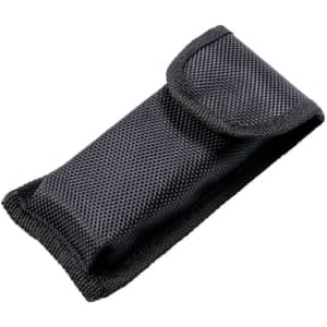 A black nylon pouch designed to hold a multi-tool, featuring a flap closure and stitched edges.