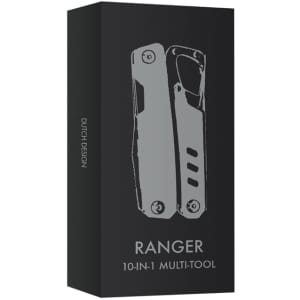 A sleek black box containing the Ranger 10-in-1 Multi-Tool, featuring a simple grey design and a logo.