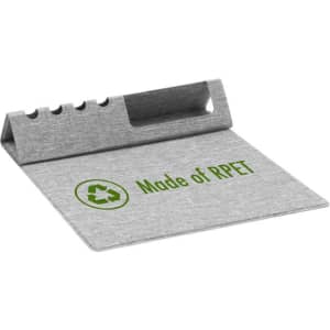 A grey foldable mouse pad made of RPET, featuring a section with a logo for organisation.