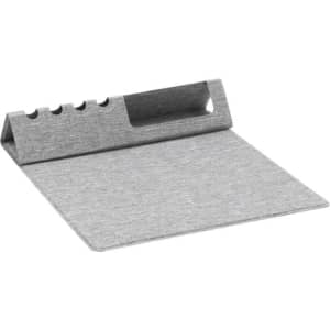 A grey foldable mouse pad made from RPET, featuring a built-in storage area. It has a sleek, minimalist design.