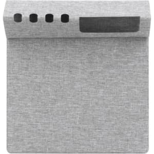 A grey foldable mouse pad made from RPET material, featuring a textured surface and a branding area.