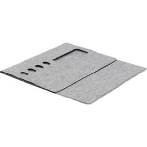 A foldable mouse pad in a grey fabric finish, featuring cut-out sections and a logo.