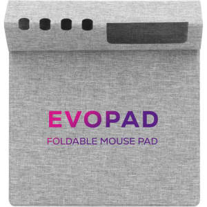 A grey foldable mouse pad with a textured surface and a logo. Features a sleek, modern design suitable for office use.