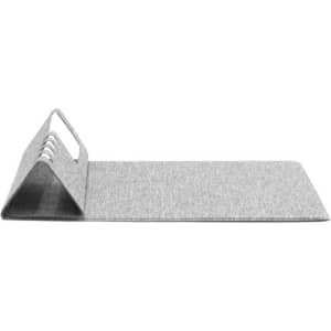 A grey foldable mouse pad featuring a triangular stand and a subtle texture, with a logo on one side.