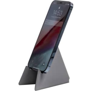 A grey phone stand displaying a smartphone in an upright position, featuring a simple triangular design.