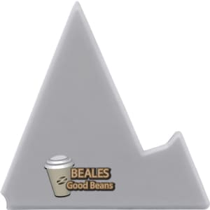 A triangular grey phone stand featuring a logo of a coffee cup and branding.