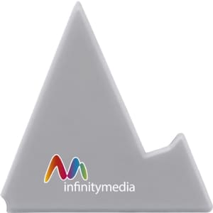 A grey triangular phone stand featuring a logo. Its design resembles a mountain peak.