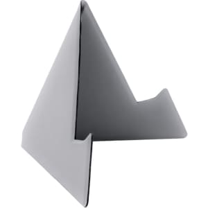 A grey, triangular phone stand designed to support devices, featuring a sleek, minimalist design and a logo.