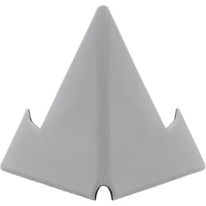 A grey mini stand with a triangular design, featuring side cutouts, suitable for holding a phone.