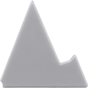 A grey triangular phone stand designed to hold devices. It features a minimalistic shape and has a logo.