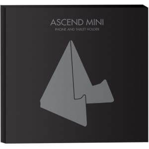 A black packaging featuring a grey phone and tablet holder with a logo, designed for the Ascend Mini Stand.