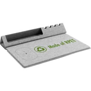 A grey mouse pad made of RPET, featuring a storage compartment and an eco-friendly design with a logo.