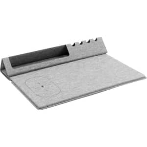 A grey mouse pad featuring a vertical slot for organisational use and a built-in wireless charging area.