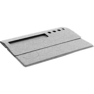 A light grey eco-friendly mouse pad made from RPET, featuring a rounded edge and slots for organisation.