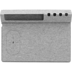 A grey eco-friendly mouse pad with a textured surface, featuring a wireless charging area and multiple buttons.