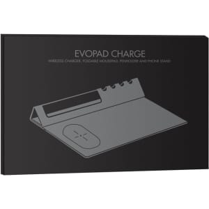 A sleek black mouse pad features a built-in wireless charger, pen holder, and phone stand; includes a logo.