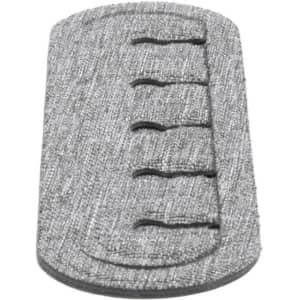 A grey cable organiser made from RPET with multiple slots for tidying cables. It has a logo on the surface.