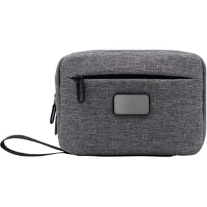 A grey toiletry bag with a zippered compartment, featuring a front pocket and a carrying strap. It has a logo.