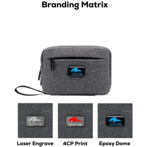 A grey toiletry bag with a front zip pocket and a branding area, featuring various branding options shown below.