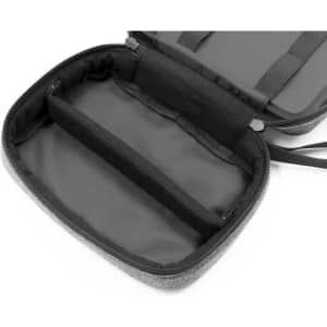 A grey toiletry bag with a zippered closure, featuring an interior pocket divider and a lined black interior.
