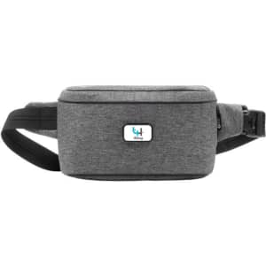 A grey anti-theft sling bag with a strap and a small logo on the front.