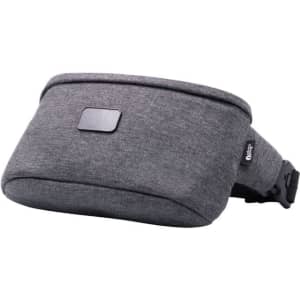 A grey anti-theft sling bag with a secure buckle and a smooth textured finish. It has a logo on the side.