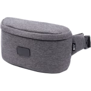 A grey sling bag with a smooth, rounded design, featuring a buckle strap and a logo.
