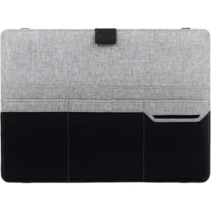 A grey and black eco-friendly clipboard with pockets and a logo.