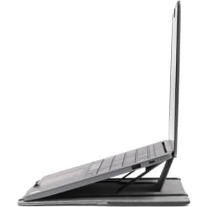 A sleek black laptop in an upright position, showcasing a minimalist design and adjustable angle stand.