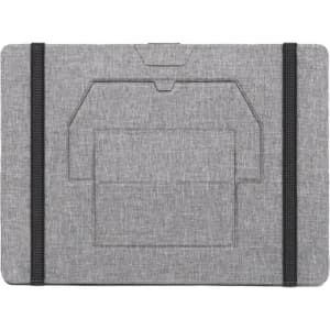 A grey eco-friendly clipboard made from RPET material, featuring elastic bands and a pocket design.
