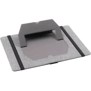 A grey recycled PET clipboard with an integrated phone stand and elastic bands for holding documents.