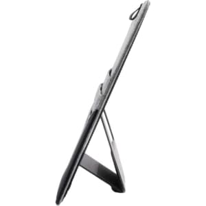 A grey RPET clipboard stands upright, featuring a black stand and a loop attachment. It has a logo on the front.