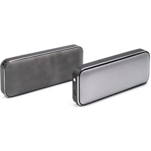 A pair of rectangular Bluetooth speakers in black and silver, featuring a textured finish and a logo.