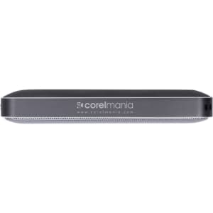 A sleek, rectangular black Bluetooth speaker with a logo on the front.