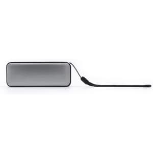 A rectangular Bluetooth speaker in black and silver with a wrist strap for easy carrying.