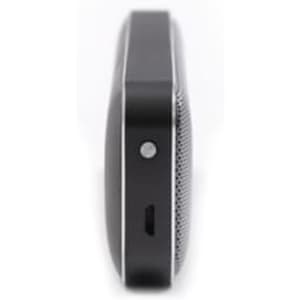 A black Bluetooth speaker featuring a sleek design, side view showcasing connectivity ports and a logo.