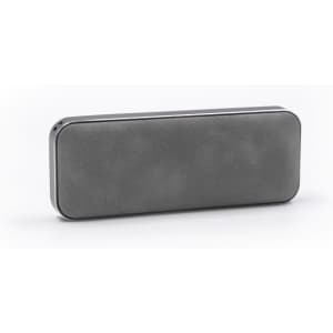 A grey Bluetooth speaker with a sleek, rectangular design and a minimalistic appearance, featuring a logo.