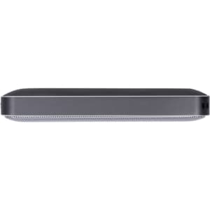 A black Bluetooth speaker with a sleek, rectangular design and a metal speaker grille along the bottom edge.