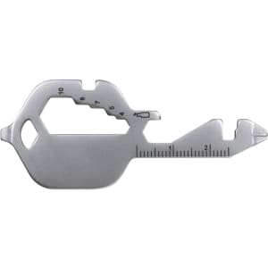 A sleek silver multi-tool shaped like a key, featuring various measurement tools and a branded logo.