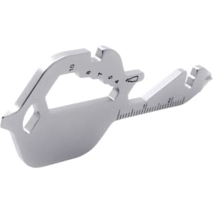 A silver multi-tool shaped like a key, featuring measurement markings and a bottle opener. It has a simple design.