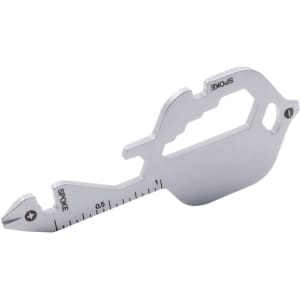A silver multi-tool featuring various functions and measurements, designed for versatility and convenience.