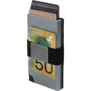A grey vegan RFID wallet with an elastic band, holding cards and Australian banknotes. Features a logo.