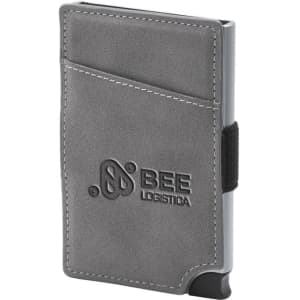 A grey vegan RFID wallet with a textured finish and a logo, featuring a card slot and a secure closure.