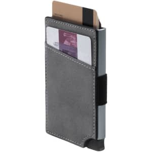 A grey vegan RFID wallet featuring a sleek design and a pocket for cards, equipped with a logo.