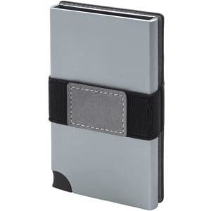A grey vegan RFID wallet with a black elastic band, featuring a textured patch on the front for added grip.