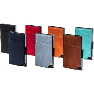 A collection of vegan RFID wallets in various colours including black, red, navy, blue, brown, orange, and teal.