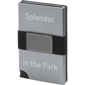 A grey vegan RFID wallet with black elastic band and a subtle logo.